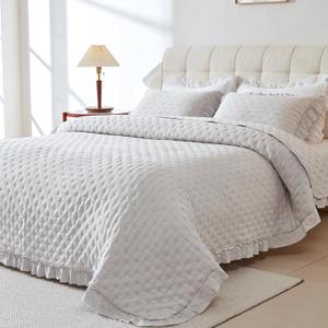 Cmfshape Bedding Set-3 Pieces Ultrasonic Quilt Sets with Ruffled Edges for an Elegant Bedroom Decor Suitable All Season,Light Grey (Queen 92"x96")
