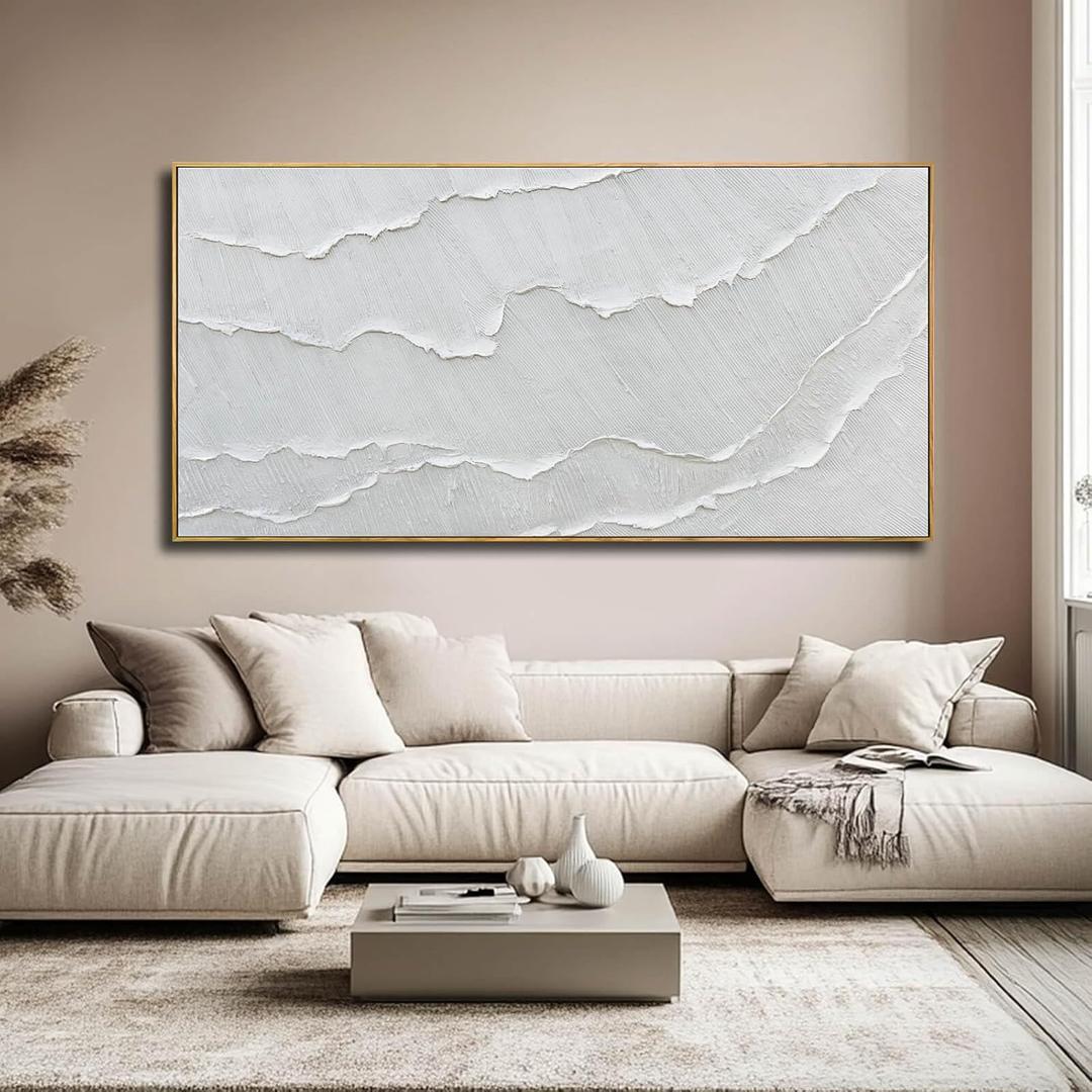 Contemporary Gray-White Abstract Hand-drawn Wall Art with Framed Large Canvas Ocean waves Painting for Living Room Bedroom Above Couch Decor 29"x58"