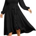 SCOMCHIC Women Plus Size Cocktail Dress Formal Long Sleeve Wedding Guest Smocked High Low Ruffle Dress with Belted (XX-Large Plus, Black)