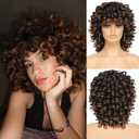 Short Curly Wig with Bangs，Full Loose Curly Wigs for Black Women Big Curly Wig Soft Fluffy Natural Synthetic Hair for Daily and Party (Ombre Brown)