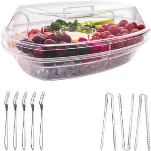 Large Ice Serving Tray for Parties with 5 Stainless Steel Forks and 3 Tongs, Chilled Veggie Fruit Tray, Shrimp Cocktail Serving Dish, Appetizer Serving Platter with Lid and 4 Compartments