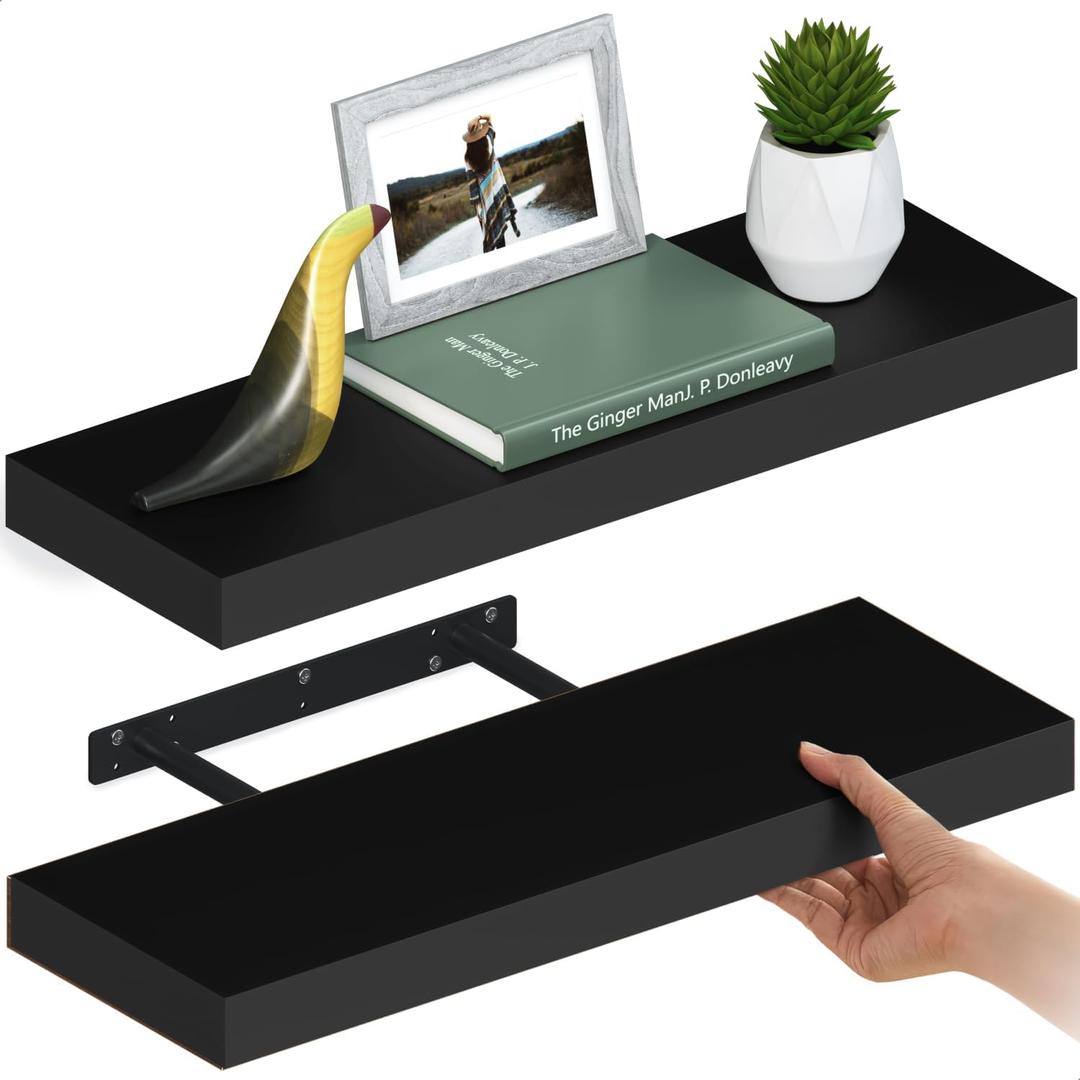Ballucci Floating Shelves for Wall, 24" Wood Wall Shelf Set of 2, with Invisible Brackets for Bathroom, Living Room, Bedroom, Kitchen, Nursery, 8" Deep, Black, 24" - 2 Pieces