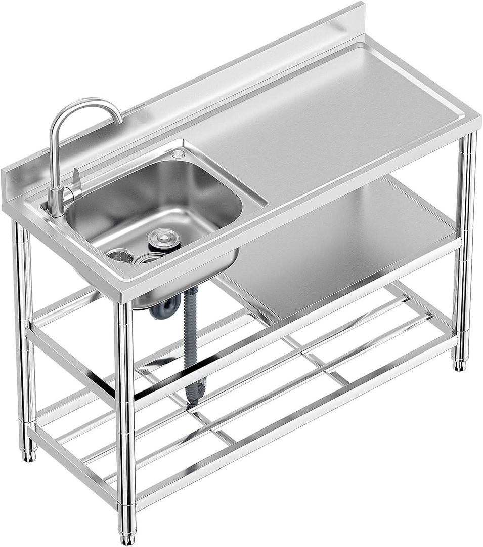 Free Standing Stainless-Steel Single Bowl Commercial Restaurant Kitchen Sink Set w/Faucet & Drainboard, Prep & Utility Washing Hand Basin w/Workbench & Double Storage Shelves Indoor Outdoor (47in)