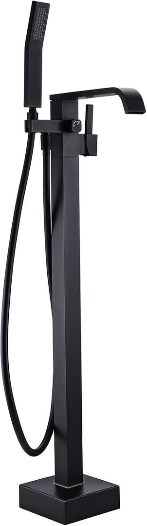 BAGNOLUX Solid Brass Floor Mount Bathtub Faucet Free Standing Tub Faucet Freestanding Tub Filler Matte Black High Flow Rate Swivel Spout with Hand Shower, YGSLT-FANG-BLACK