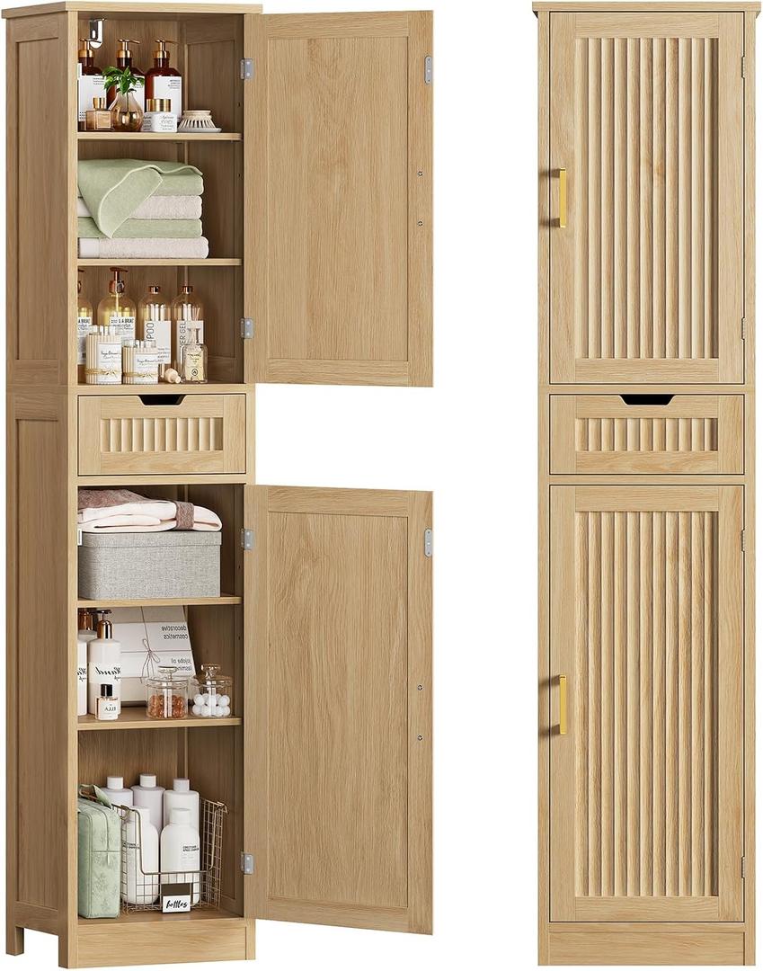 Iwell Tall Narrow Storage Cabinet with 1 Drawer and 2 Doors, Fluted Cabinet with Adjustable Shelves, Rattan Kitchen Cabinet for Bathroom, Living Room, Kitchen, Natural Oak, 67"H