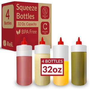 Reli. Plastic Squeeze Bottles, 32 oz. | 4 Pack | Condiment Squeeze Bottles for Sauces | Clear w/Red Twist Cap | 32 Ounce Hot Sauce, Ketchup | Condiments, Olive Oil, Liquids