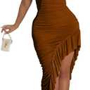 BEAGIMEG Women's Sexy Ruched Sleeveless Asymmetrical Ruffles Elegant Cocktail Evening Party Maxi Dress (Medium, Brown)