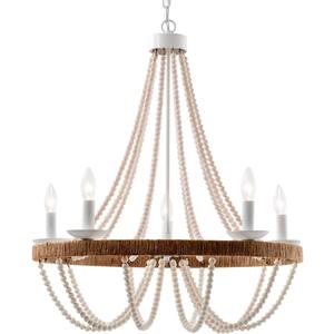 Wood Beaded Chandelier 5 Lights Boho Candle French Country Farmhouse Chandelier Bohemia Pendant Light for Living Room Dining Room Kitchen Foyer, Distressed White, Dia 26