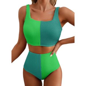 Herseas Women's Bikini Sets Scrunch Square Neck Two Piece Swimsuits High Waisted Bathing Suits (Green, XXL)