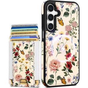 Shorogyt for Galaxy A15 5G Cute Kawaii Leather Phone Case - Compatible with Magsafe Wallet Magnetic Credit Card Holder Fashion Retro Flower Design Phone Cover for Women Girls, Fits 7 Cards