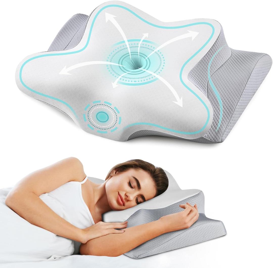 Cervical Neck Pillow for Pain Relief - Cooling Side Sleeper Pillow for Sleeping, Ergonomic Memory Foam Pillows for Neck Support, Contour Orthopedic Bed Pillow for Back Stomach Sleepers (Grey)
