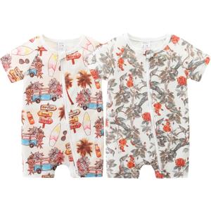 Unisex Summer Trendy 2-Pack Rompers Short Sleeve Zipped Bodysuit Infant Cotton Outfits