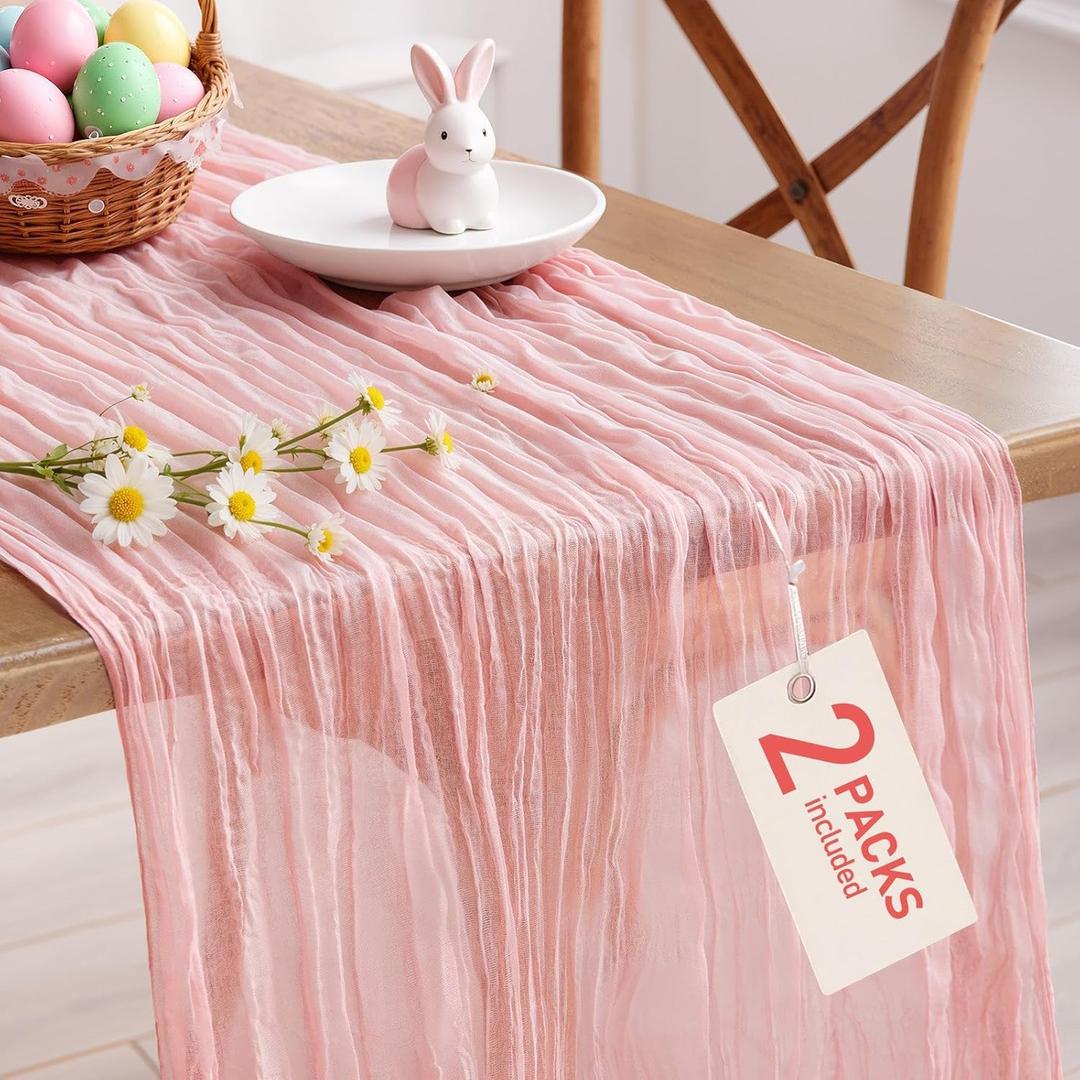 Pureegg 2-Pack Cheesecloth Table Runner, 120'' Easter Spring Boho Gauze Table Cloth Decorations for Party, Baby Shower, Wedding and Farmhouse, Fabric Room Decor, Dusty Pink