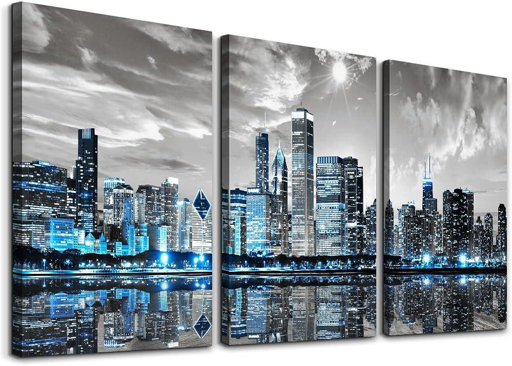 SERIMINO Wall Decor Living Room Modern City Chicago Skyline Large Canvas Wall Art for Bedroom Poster for Office Farmhouse 3 Pieces Set Wood Framed Night Scene Prints Paintings for Home 20"X28"
