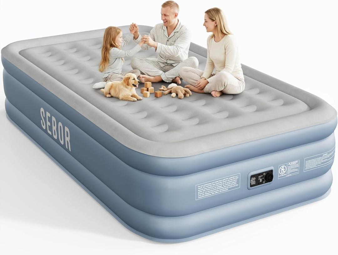 Sebor Air Mattress Queen with Built-in Pump 18", Comfortable Self-Inflating Blow up Mattress with High-Speed Pump, Durable Queen Size Air Mattress with Storage Bag for Guests, Moving, Camping, Travel