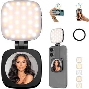 Magnetic Selfie Light Compatible with MagSafe for iPhone Rechargeable LED Fill Light with Mirror, CRI95, 5 Color Temps, Foldable Ring Light