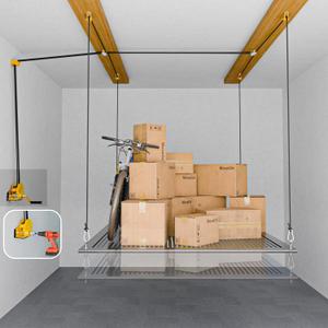 Overhead Garage Storage Lift, Upgrade Winch (No Gear Wear), Heavy Duty Ceiling Mounted Garage Storage Lift System for Organization, 300lbs, Fit for Bronco, Weight, Wrangler (Deck Not Includ), 7.8" W x 12" L x 9" H