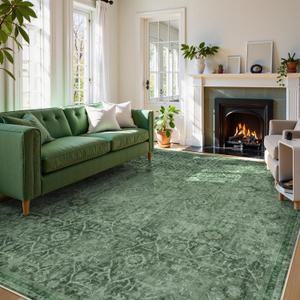 Large Area Rug for Living Room 9x12, Washable Area Rug 9x12 Non Slip Vintage Farmhouse Bedroom Carpet Stain Resistant Ultra-Thin Low Pile Aesthetic Print Floor Rug for Dining Guest Office - Dark Green