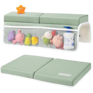 URMYWO Bath Kneeler and Elbow Rest Pad Set - 1.5" Thick Baby Bath Kneeler Pads with Toys Organizer, Anti-Slip Cozy Knee & Arm Support Bathtub Mat, Quick Dry Kneeling Pad for Baby Bath Time (Green)