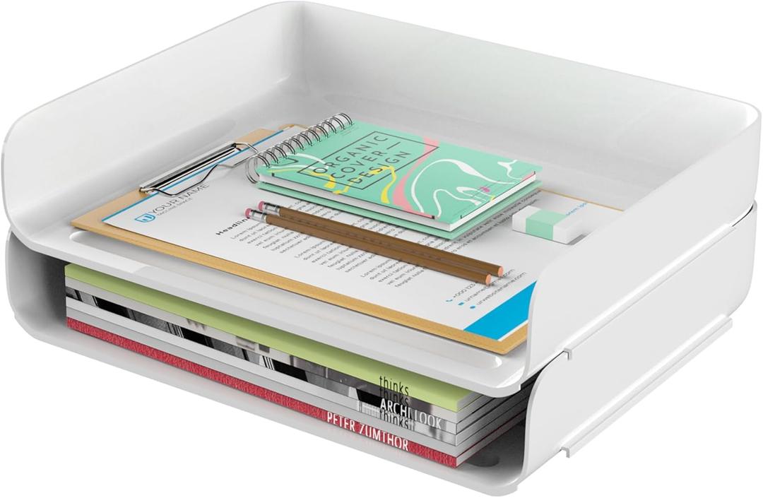 Tomorotec Desk Letter Tray Set, A4 Size White Stackable Document Organizer Office Desktop File Paper Holder Book Storage Rack Side Load Anti-Skid Stacking Support Convex Bottom (2X Landscape)