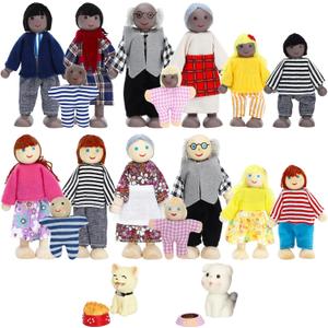 ONEST 20 Pieces Wooden Dollhouse Family Set Mini People Figures Dog Cat Sets Dollhouse Dolls Wooden Doll Family Pretend Play Figures Accessories for Pretend Doll House Toy