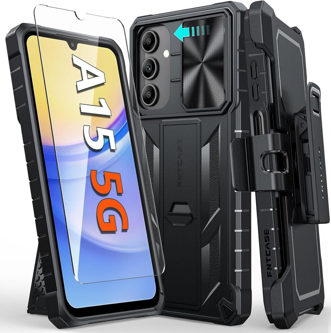 FNTCASE for Samsung Galaxy A15-5G Case: Rugged Protective Phone Cases with Kickstand & Holster | Military Grade Shockproof Protection Sturdy Heavy Duty Drop Proof Hard Covers 6.5 inch Black