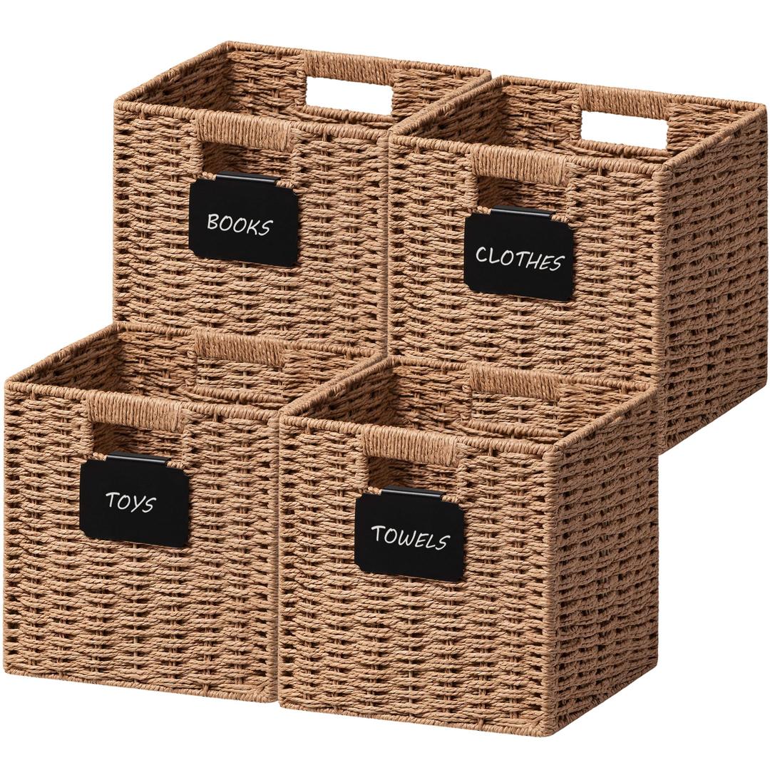 UBBCARE 4 Pack Small Wicker Basket, 9×9 Storage Cubes with Label, Foldable Cube Storage Bin with Handle, Square Storage Basket for Shelves, Woven Paper Rope Basket for Organizing, Caramel