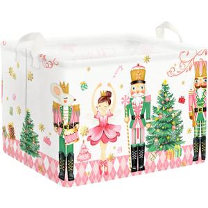Clastyle Large Pink Nutcracker Decor Basket Diamond Plaid Christmas Tree Gift Basket Soldier Mouse Ballet Girl Clothes Storage Cube Collapsible Rectangle Toy Book Shelf Basket