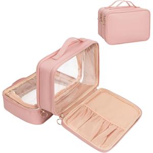 OCHEAL Makeup Bag, Double Layer Cosmetic Bag, Large Capacity New Look Clear Cosmetic Case for Women Travel Beauty Essentials, Multiple Compartments Makeup Case Organizer Zipper Pouch- Pink