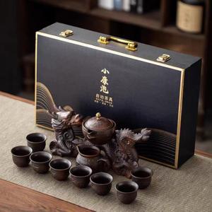 Chinese Gongfu Tea Set - Ceramic 360 Rotating teapot with Infuser, 8Cups, Semi Automatic Dragon Design for Loose Leaf Tea (Gift Box Set)