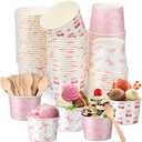 Gejoy 200 Pcs 100 Set 8 oz Ice Cream Cup with Spoon Disposable Paper Dessert Bowl Pink Dessert Cups Bow Ice Cream Snack Bowl for Summer Graduation Wedding Birthday Party Supplies Hot and Cold Foods