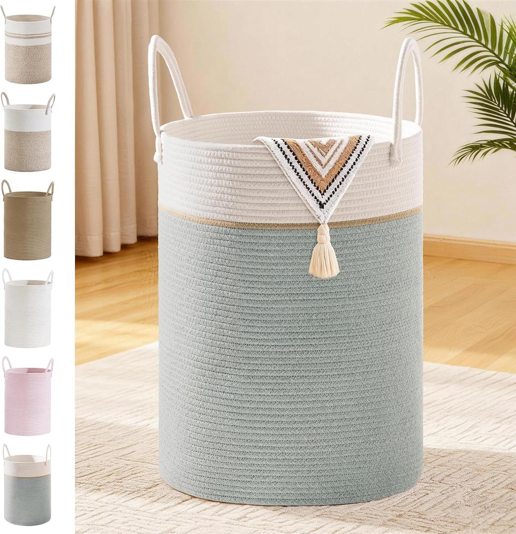 Tall Laundry Basket with Handles, 72L Portable Dirty Clothes Hamper, Boho Cotton Rope Storage Bin for Blankets Kids Toys Gifts, Large Organizer for Baby Nursery Bedroom Bathroom, Sage Green