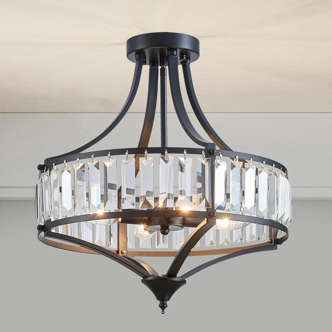 Black Crystal Chandelier Semi Flush Mount Ceiling Light Fixture Round Rustic Farmhouse 4-Light Mid Century Modern Chandelier for Hallway, Bedroom, Foyer, Entryway, Closet