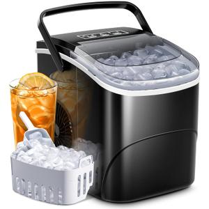 AGLUCKY Ice Makers Countertop with Handle,26.5Lbs/24H,9 Cubes in 6 Mins,2 Sizes of Bullet Ice,Portable Machine with Self-Cleaning,Perfect for Home Kitchen(Black) (26.5Lbs/24H, BLACK)