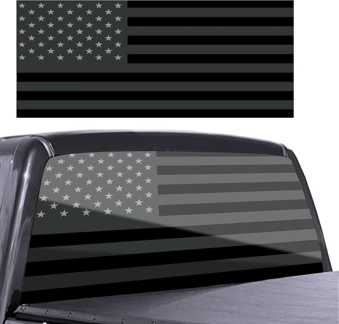 Black Grey American Flag Rear Window Decals for Trucks,Patriotic Back Window Vinyl Stickers Vehicle Windshield Decal,Automotive Perforated Window Film Graphic Decal for Car Decor,66"x 20"