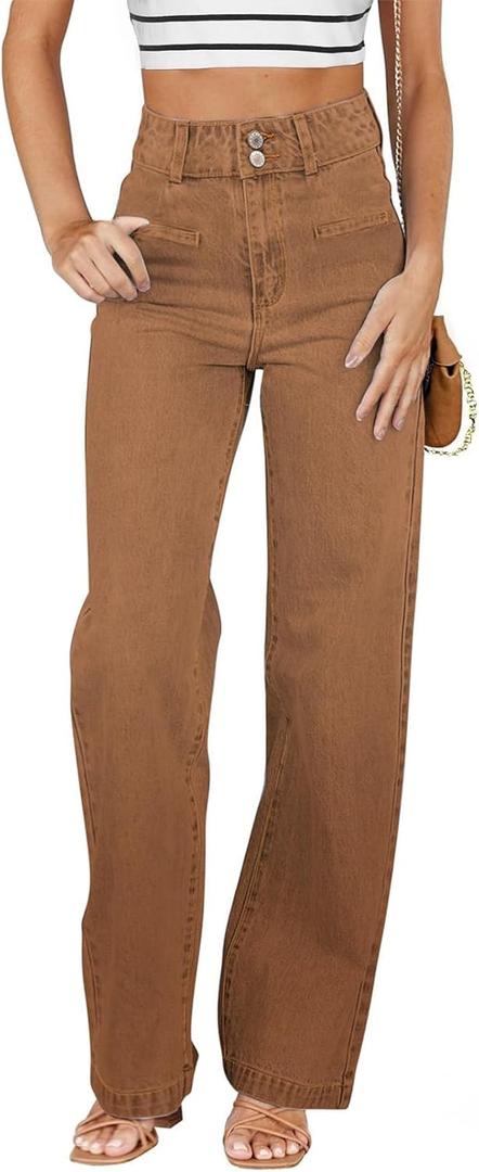 Sidefeel Women's Jeans High Waisted Straight Leg Stretchy Jeans Trendy Welt Pockets Loose Wide Leg Zimbaplatinum Denim Pants (12, Brown)