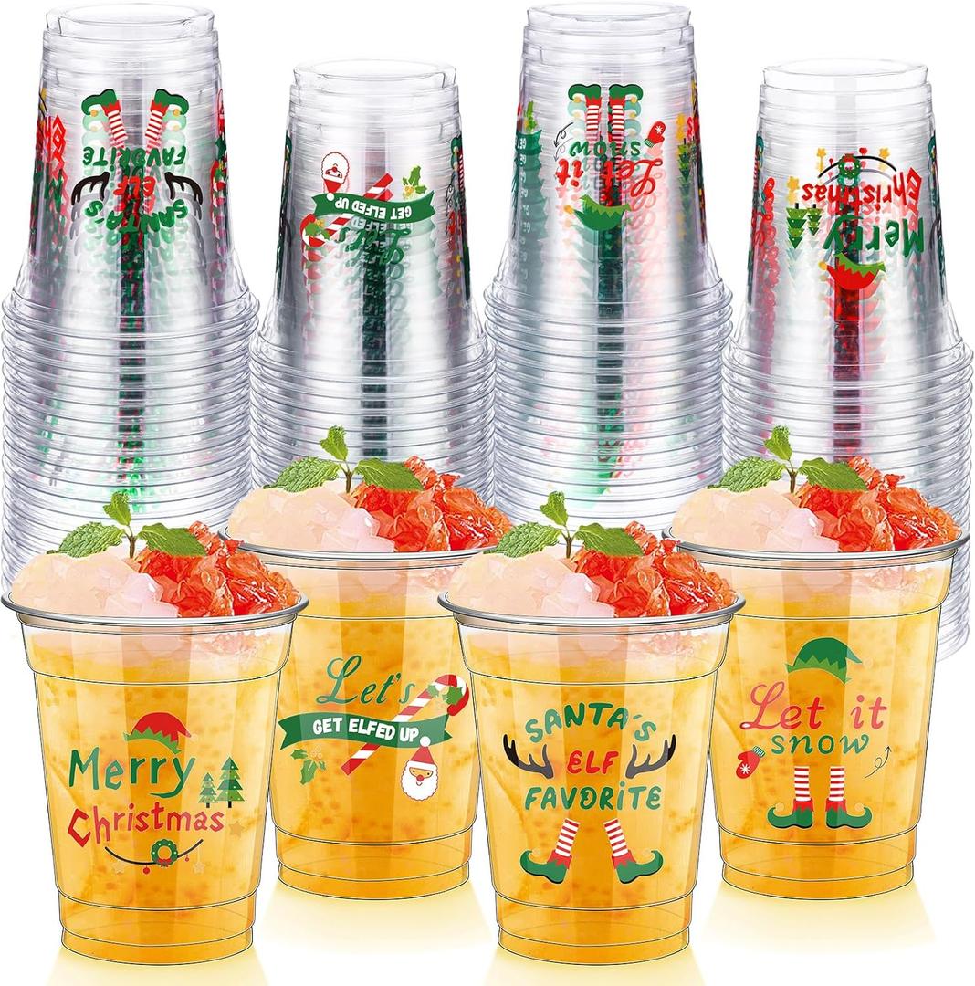 FoldTier 50 Pcs Christmas Elf Cups 12 oz Elf Plastic Cups Clear Xmas Disposable Cups Christmas Theme Drinking Cups for Home Xmas Winter Holiday Theme Party Favors Kitchen Supplies Decoration (Elf)