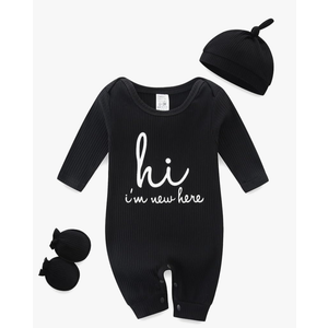 Baby Romper with Baby Mittens & Newborn Hats Footless Long Sleeve Solid Onesie Hi Im New Here, Size: (0-3)months