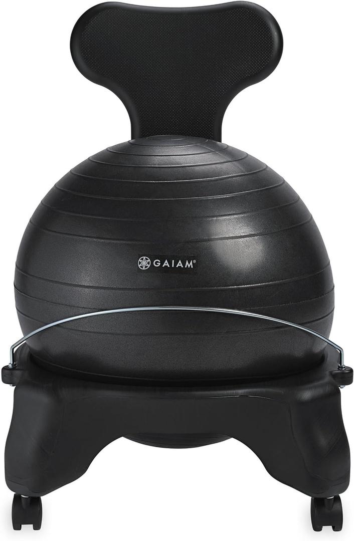 Gaiam Classic Balance Ball Chair Exercise Stability Yoga Ball Premium Ergonomic Chair for Home and Office Desk with Air Pump, Exercise Guide and Satisfaction, (Black)