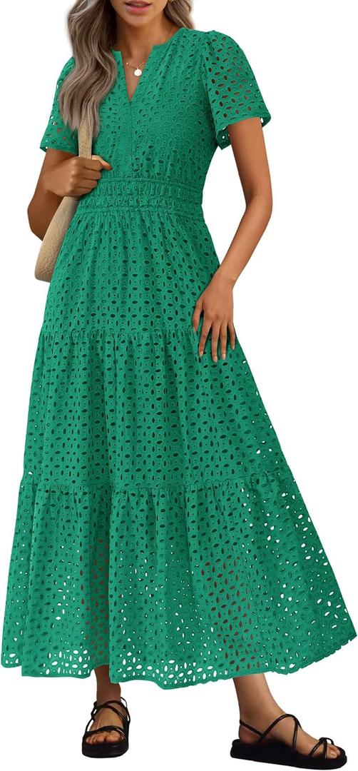 PRETTYGARDEN Womens 2026 Summer Maxi Dress Short Sleeve V Neck Hollow Out Eyelet A Line Long Flowy Beach Vacation Dresses (Green, L)