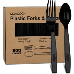 MOACOCK 200 Count Black Plastic Silverware, Heavy Weight Plastic Forks Spoons, Disposable Utensils Cutlery Set for Wedding Party Supplies Everyday Use