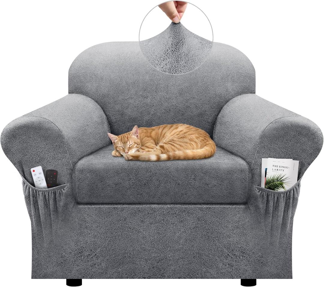 Chair Slipcover with Armrest Pockets 2-Piece Set, Stretch Faux Leather Chair Cover for Armchairs(Fits 31-45") - Non-Slip, Machine Washable, Pet & Kid Friendly - Light Gray