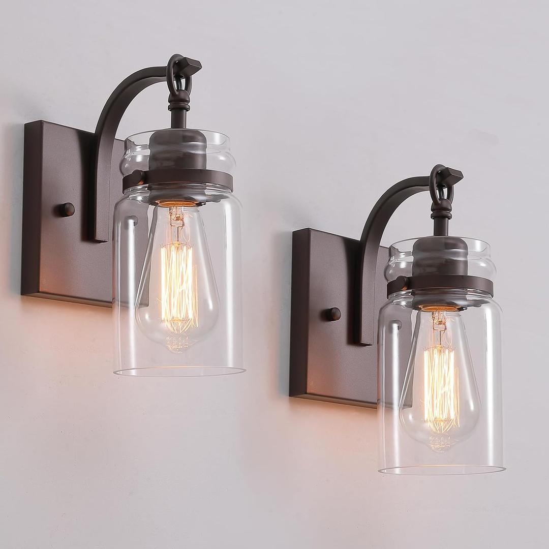 Wall Sconces Set of Two, Oil Rubbed Bronze Sconces Wall Lighting Fixtures with Clear Glass Indoor Farmhouse Bathroom Wall Sconce for Bathroom Hallway Stairwell