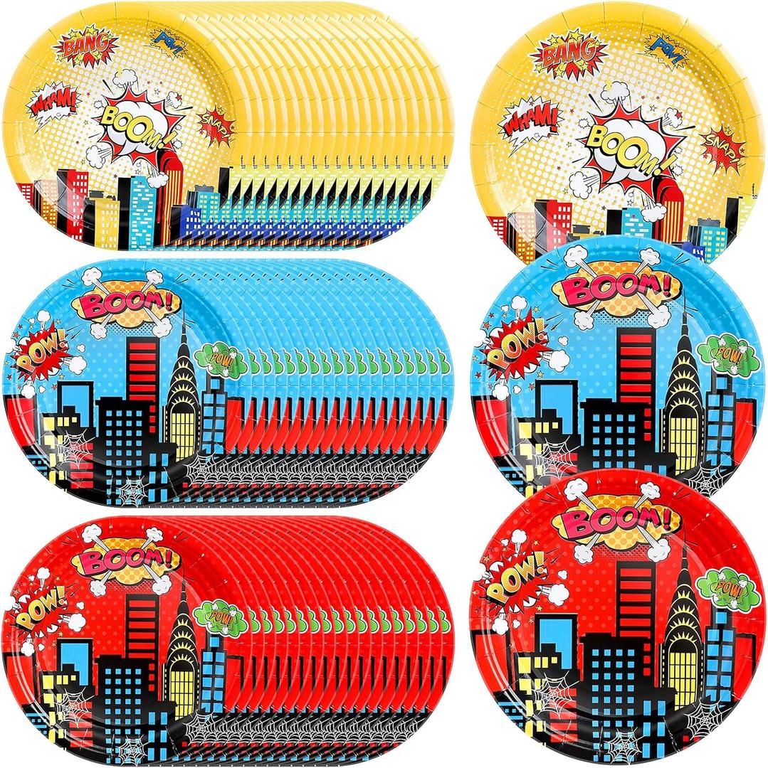 Zhehao 60 Pcs Spider Party Plates Theme Hero Party Round Disposable Dinner Paper Plates Red Blue Yellow Decorative Tableware for Baby Shower Supplies Birthday Decorations