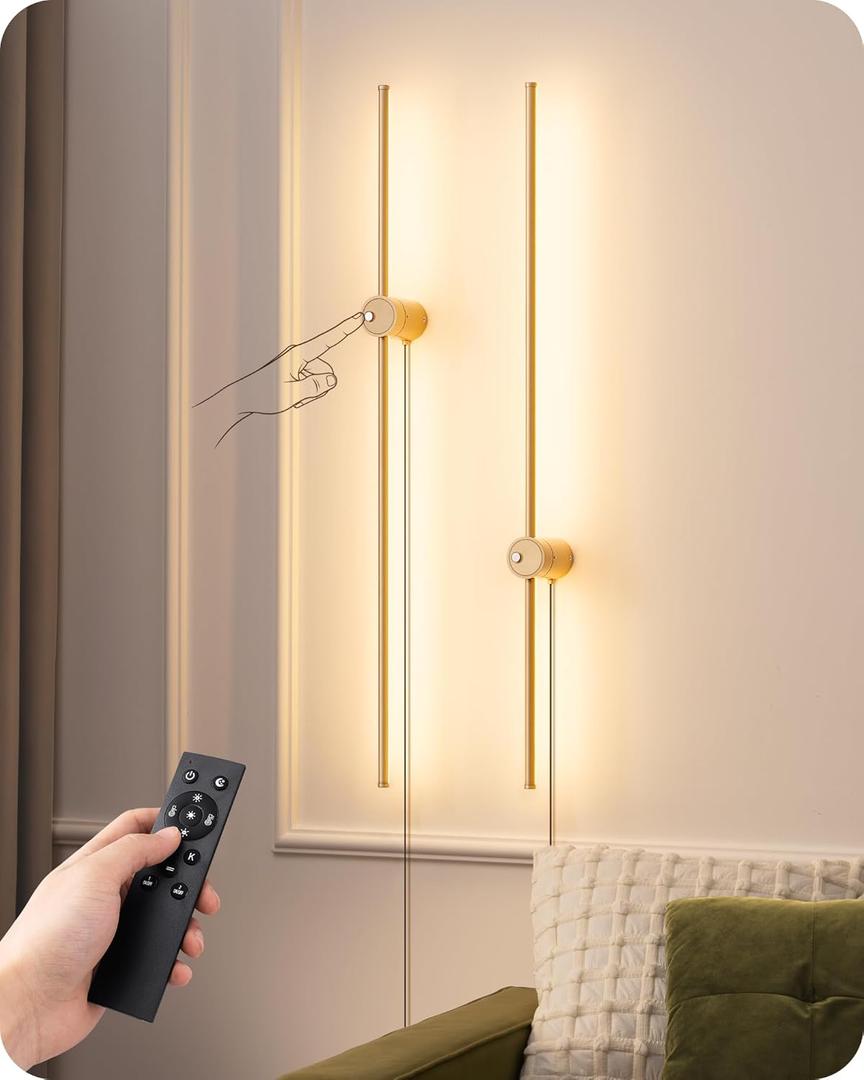 EDISHINE Plug in Wall Sconces, Stepless 2700K-6000K Dimmable Wall Sconce Set of Two, 39.4" Touch LED Wall Light with Remote, 350 Rotation Night Light with Timer for Living Room Bedroom Hallway (Gold)