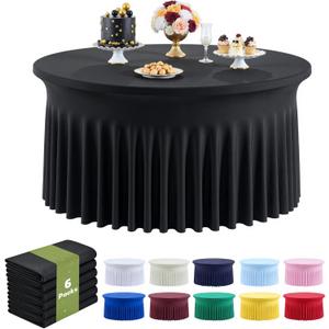 Outpain 6 Pack Black Round Spandex Tablecloth for 60 Inch/5FT Tables - Stretchy Table Cloth with Skirt, Wrinkle-Free Fitted Cloth for Wedding Vendor, Banquet & Graduation Decor (120" Round)