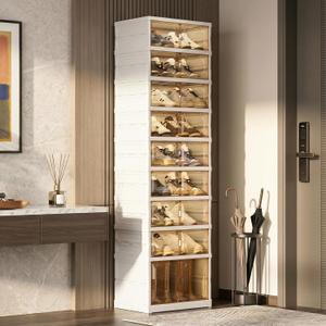 ROOM127 Foldable Shoe Cabinet Shelf with Pulleys,Portable Shoe Rack Organizer for Closet Entryway,Stackable Cabinet with Magnetic Transparent Door,Plastic Storage Cabinet-((Up to 18 Pairs))