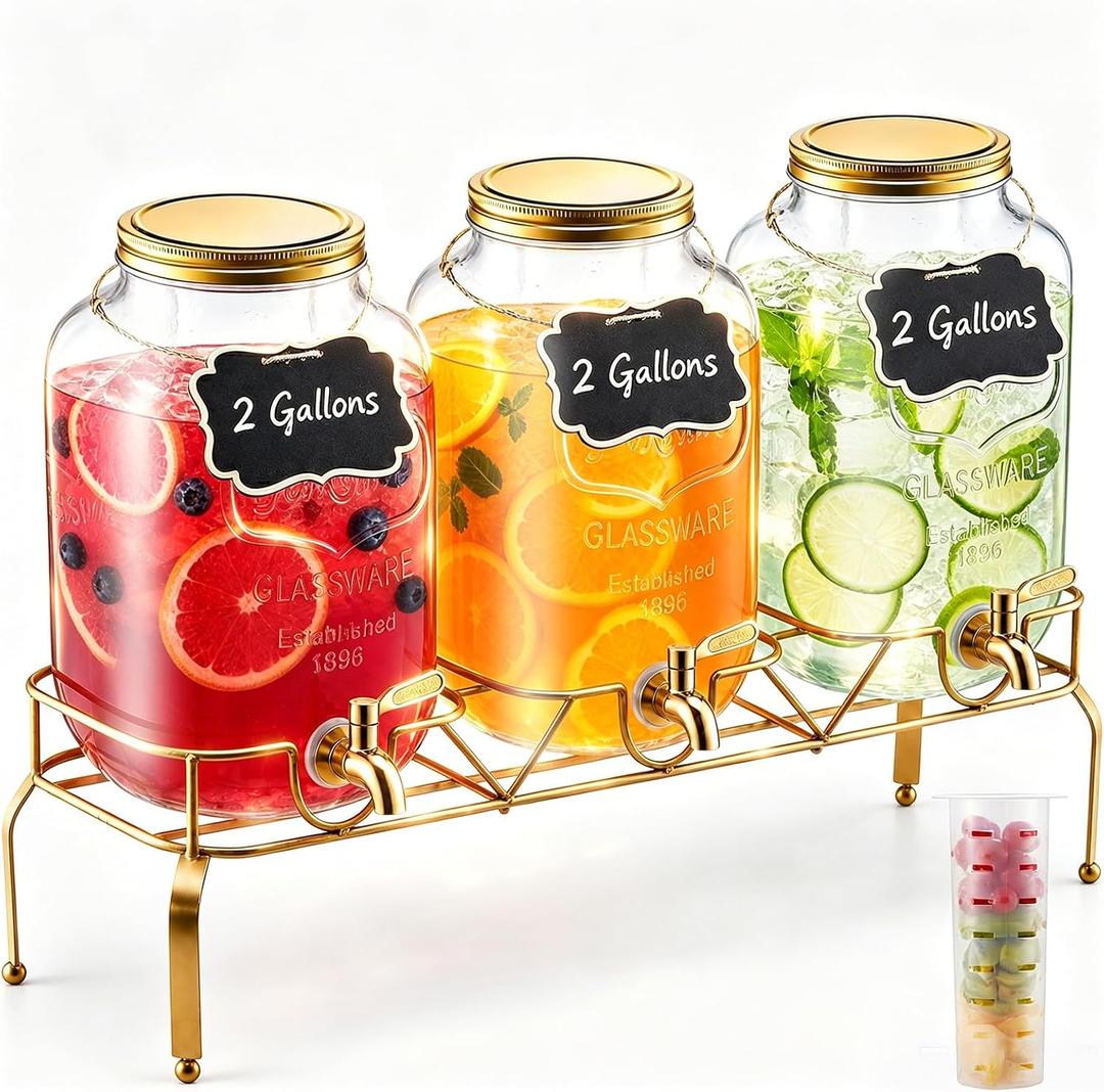 VEVOR Beverage Dispenser, 3 Pack 2 Gallon Drink Dispensers for Parties, Glass Juice Dispenser with Metal Stand, Stainless Steel Spigot, Infuser, Iced Tea Lemonade Juice Water Dispensers for Parties