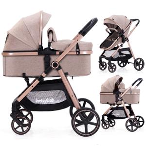 2-in-1 Baby Stroller with Bassinet Mode - Folding Infant Newborn Pram Stroller with Reversible Seat - Toddler Strollers for 0-36 Months Old Babies (Beige)
