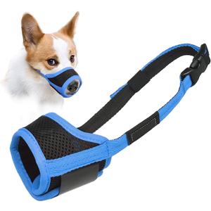 LUCKYPAW Dog Muzzle Anti Biting Barking and Chewing with Comfortable Mesh Soft Fabric and Adjustable Strap, Suitable for Small, Medium and Large Dogs(Blue Trim,XS) (XS-Snout(3-4"))